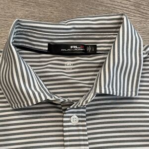 RLX Ralph Lauren Striped Wicking Golf Polo Gray White Mens Large Preppy Athletic
